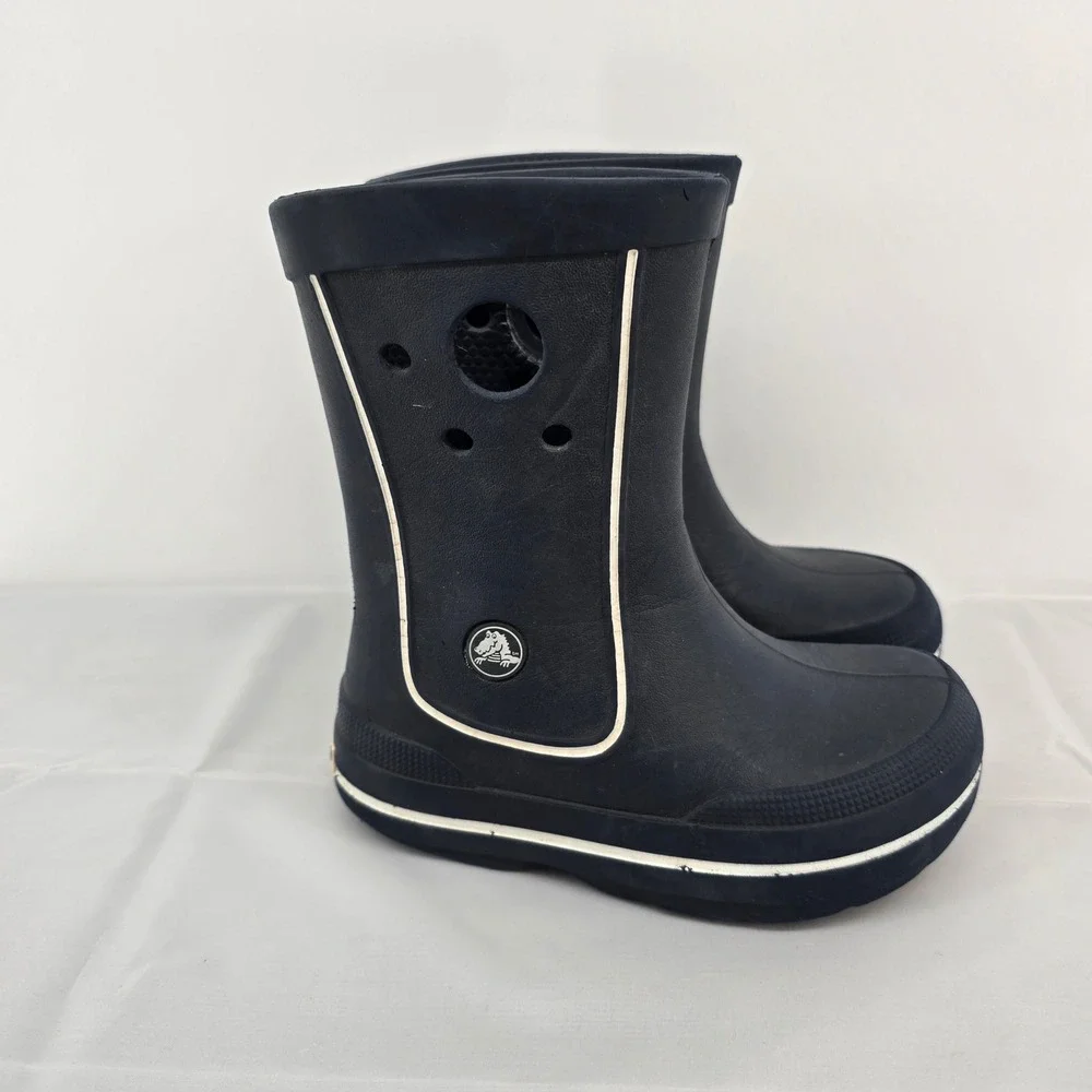Crocs Crocband‎ Rain Boots Navy Blue White Kids Size 10 11 Waterproof Pull On